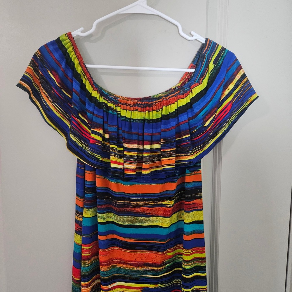 Joseph Ribkoff Multi Color Abstract Stripe Ruffle Off Shoulder Dress Size 8 - Picture 2 of 8